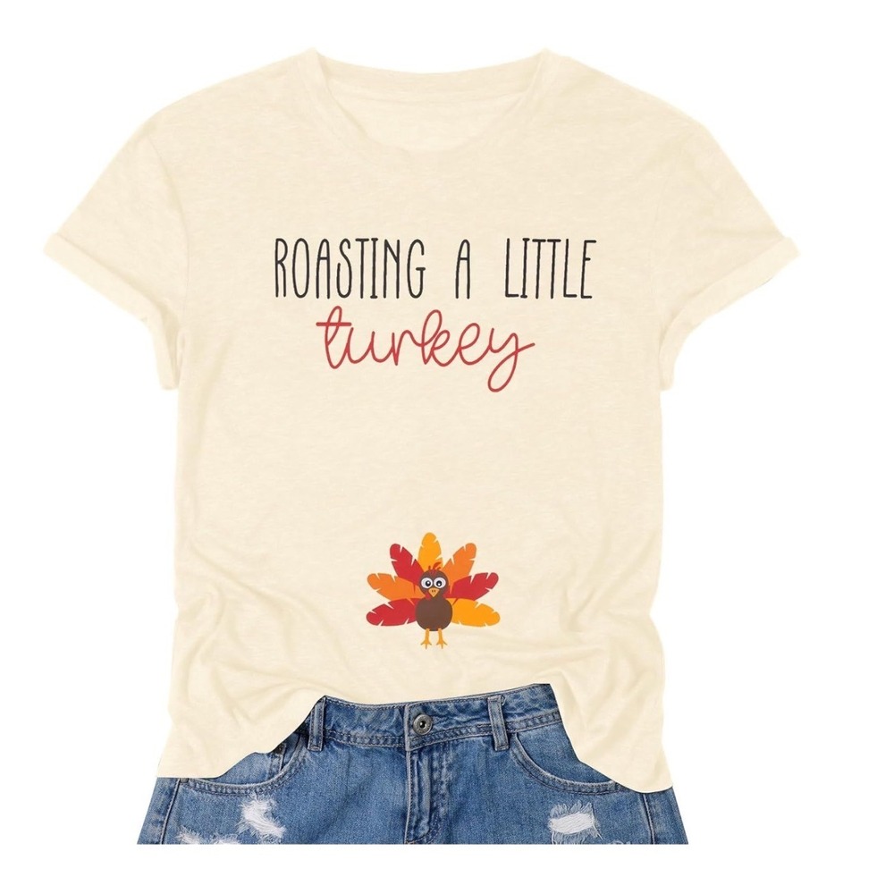 FASHGL Thanksgiving Pregnancy Shirt Roasting a Little Turkey Maternity Tee Cream